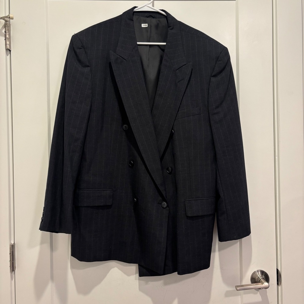 Oleg Cassini Mens Pinstripe Double Breasted Blazer Blue Peak Lapel Jacket 48R